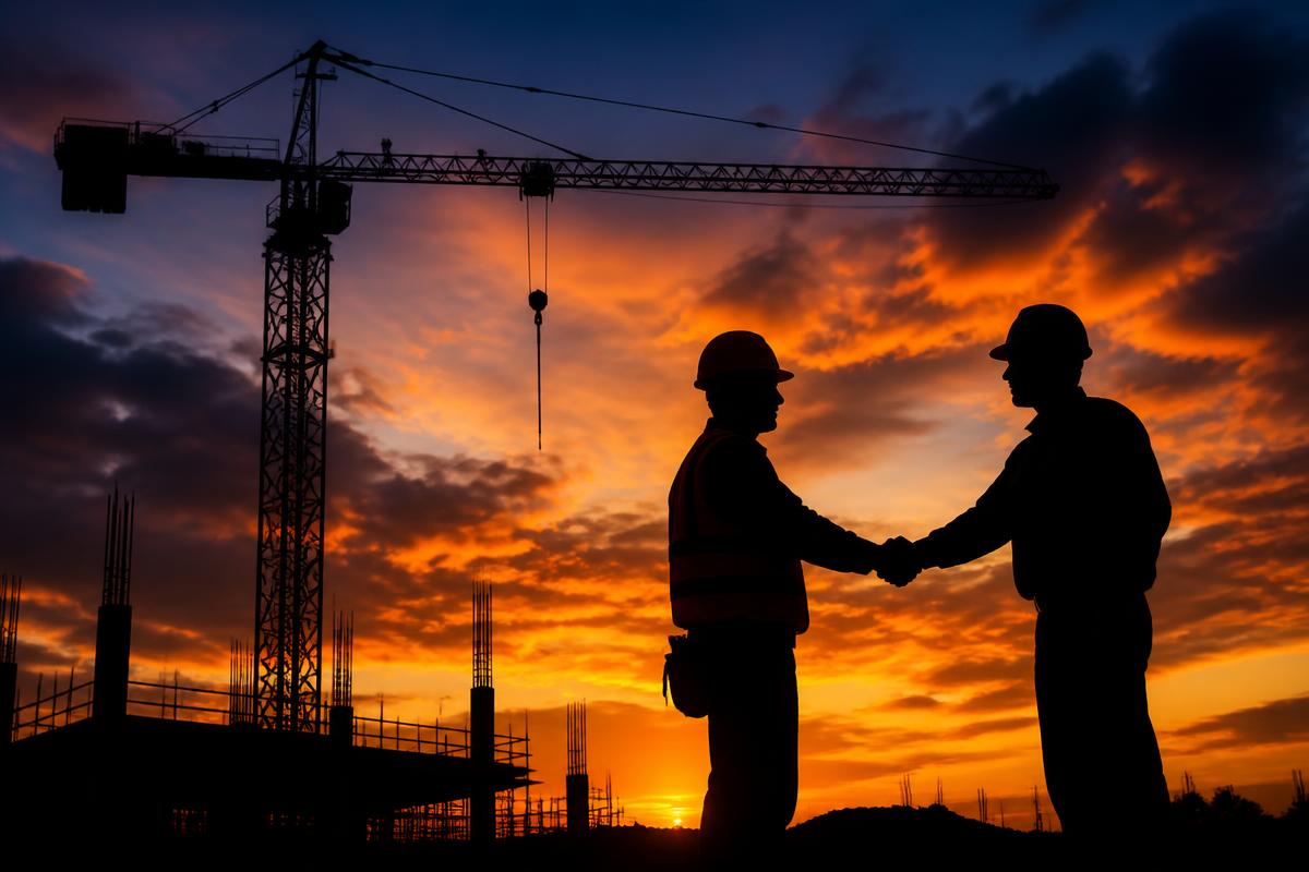 Construction professionals shaking hands at a project site